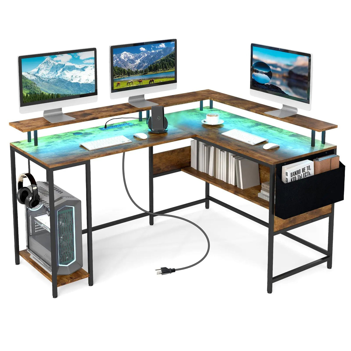L-Shaped Gaming Desk with LED Lights and Power Outlets Home Office Computer Desk by DirectDeals