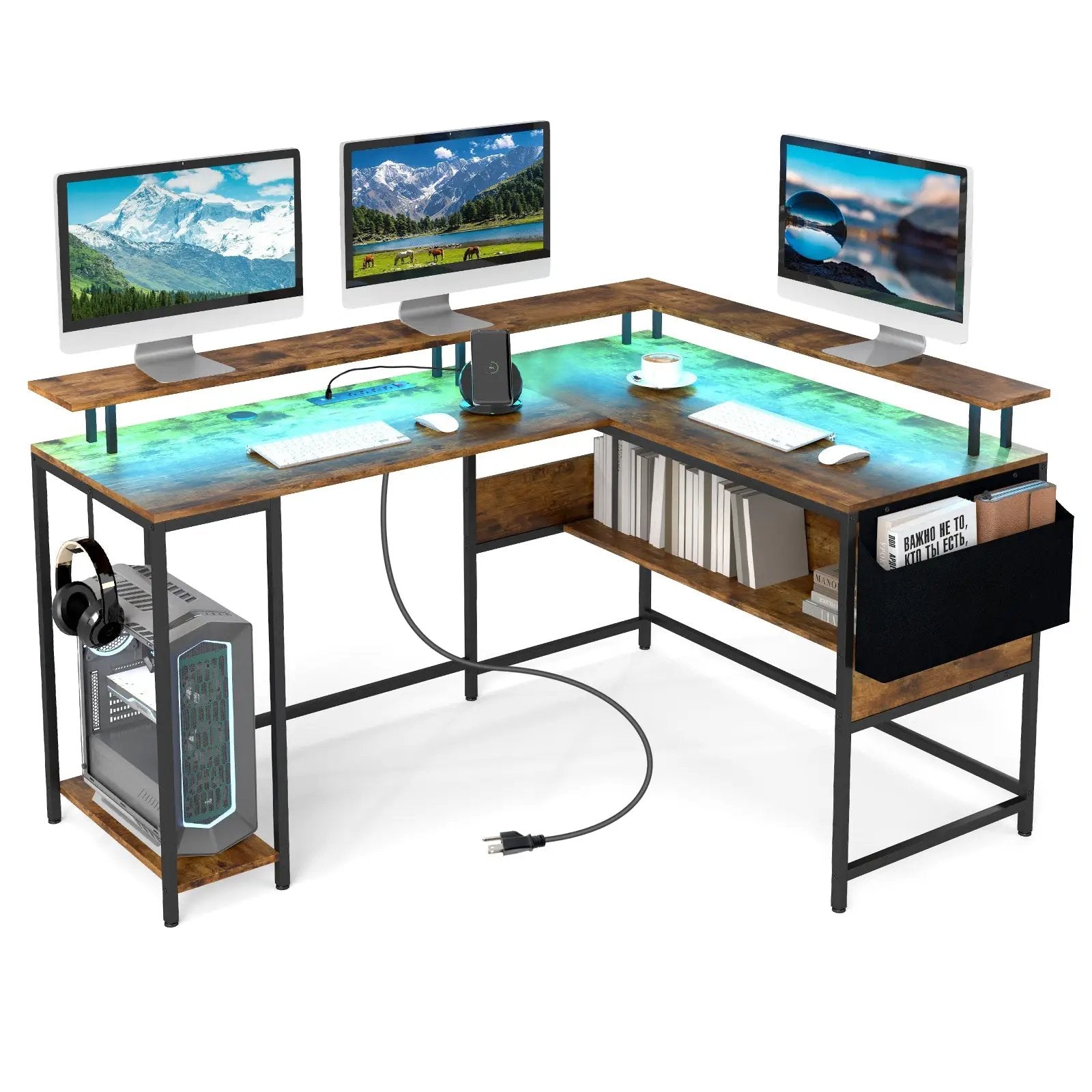 L-Shaped Gaming Desk with LED Lights and Power Outlets Home Office Computer Desk by DirectDeals