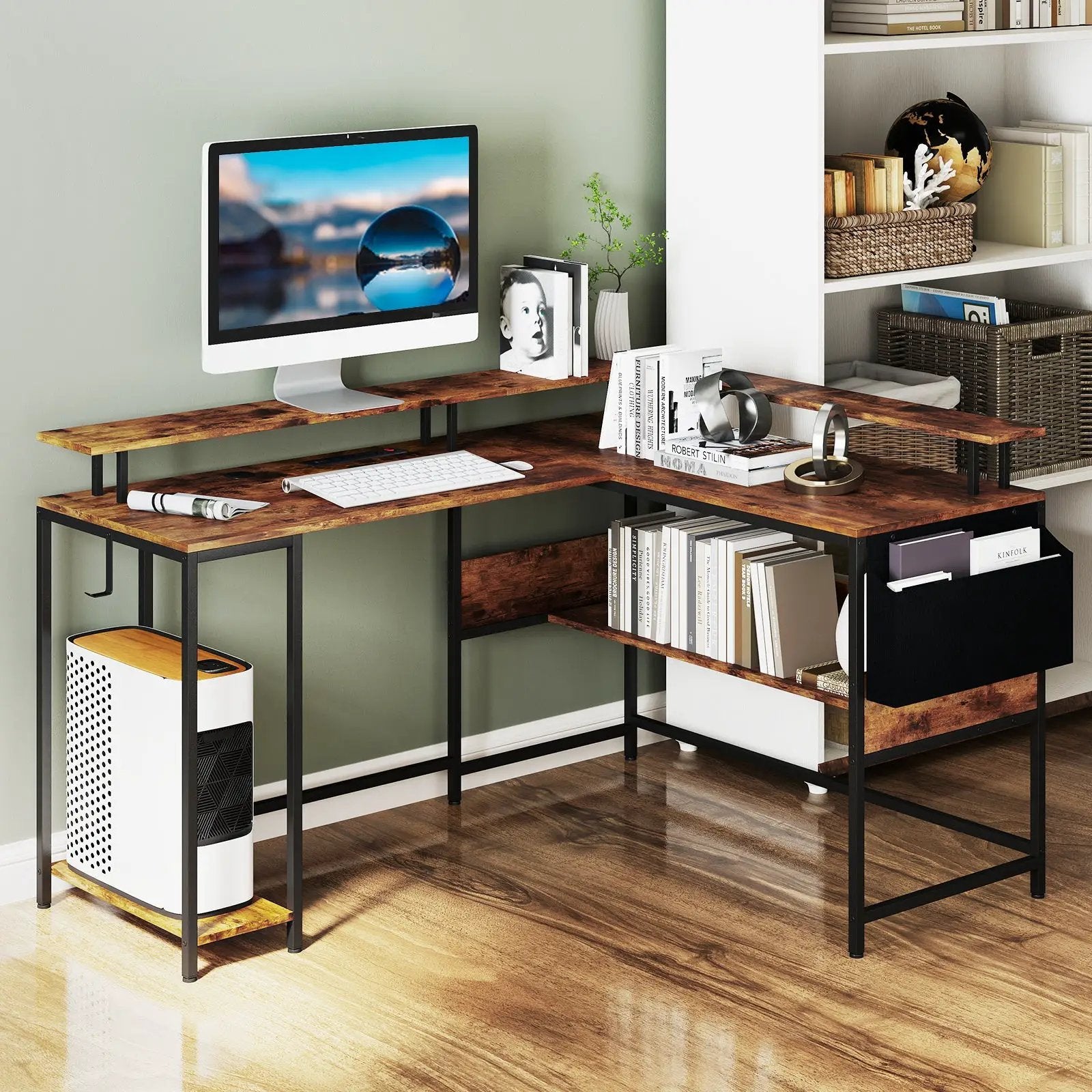 L-Shaped Gaming Desk with LED Lights and Power Outlets Home Office Computer Desk by DirectDeals