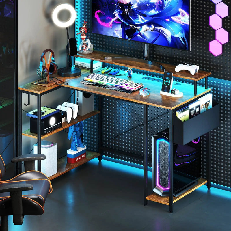 L-Shaped Gaming Desk with LED Lights and Power Outlets by DirectDeals