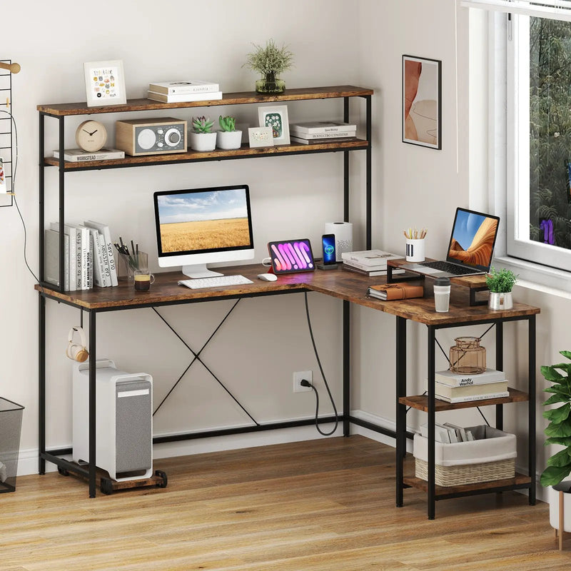 L-Shaped Reversible Gaming Desk with LED Strip and Power Outlets Hutch Monitor Stand by DirectDeals