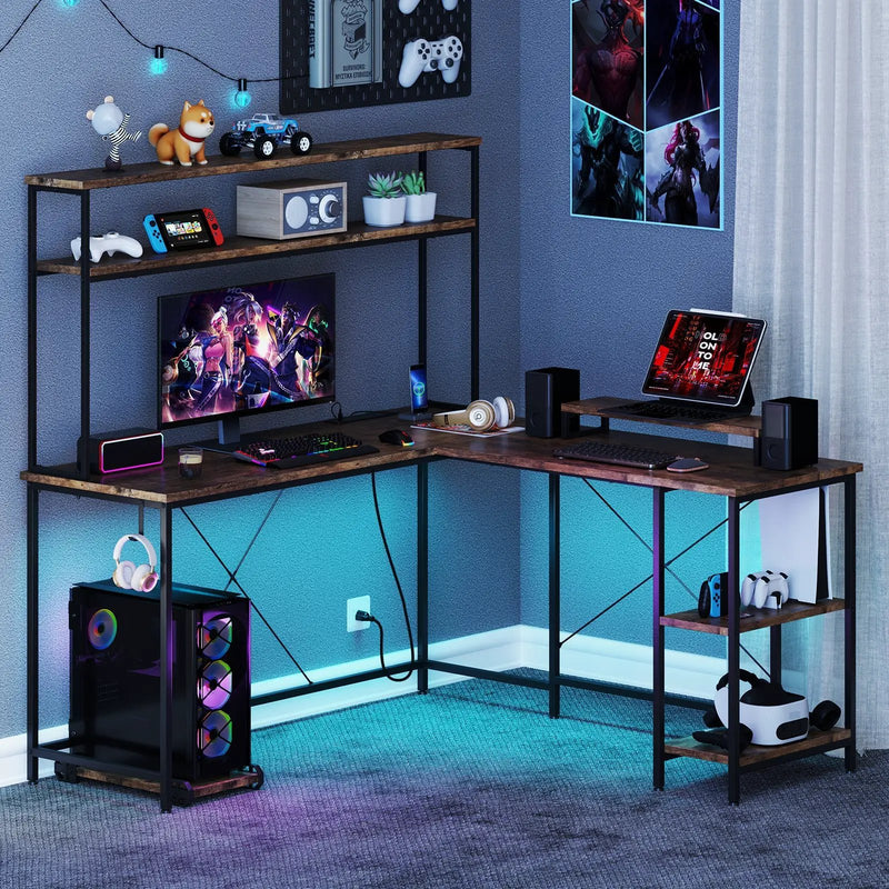 L-Shaped Reversible Gaming Desk with LED Strip and Power Outlets Hutch Monitor Stand by DirectDeals