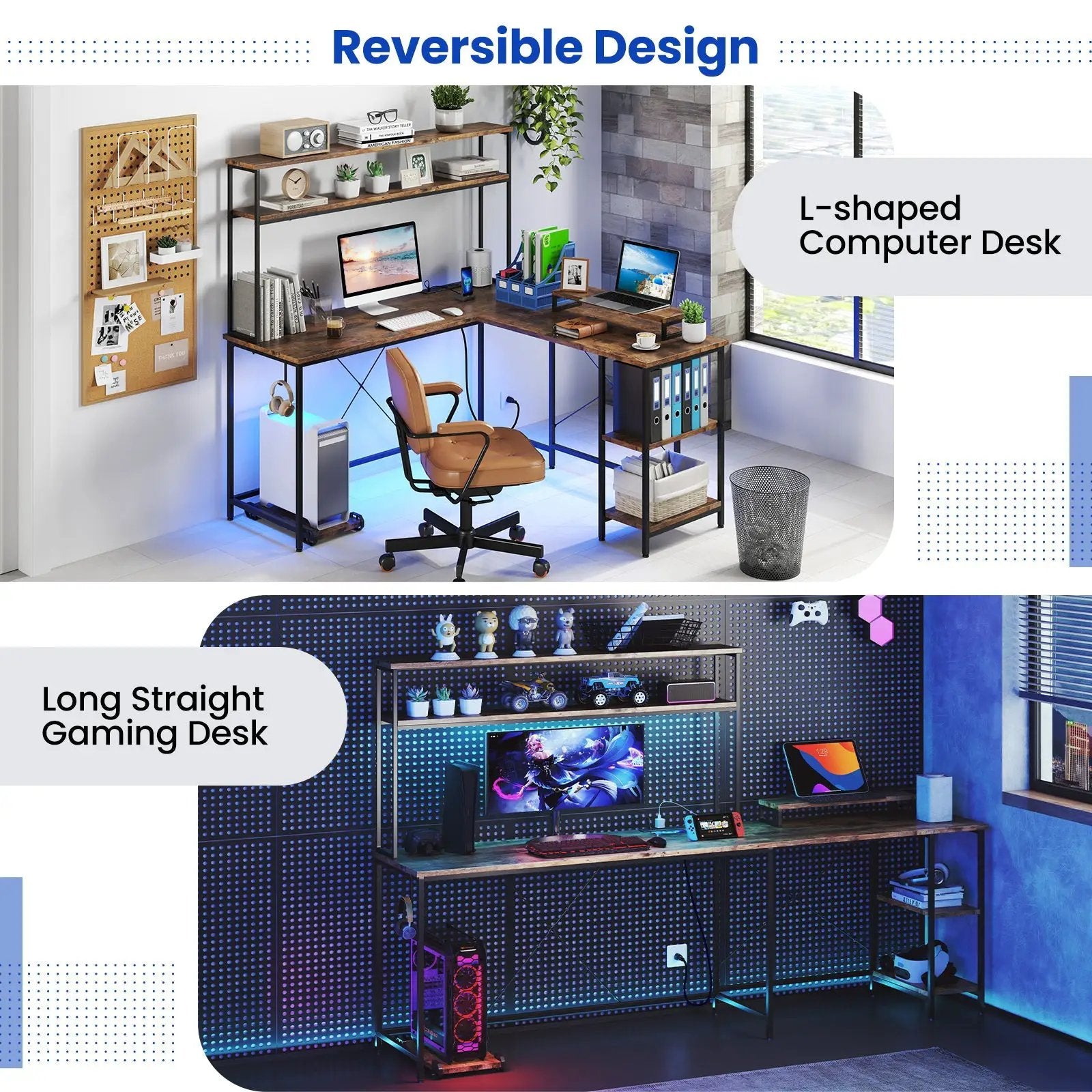 L-Shaped Reversible Gaming Desk with LED Strip and Power Outlets Hutch Monitor Stand by DirectDeals
