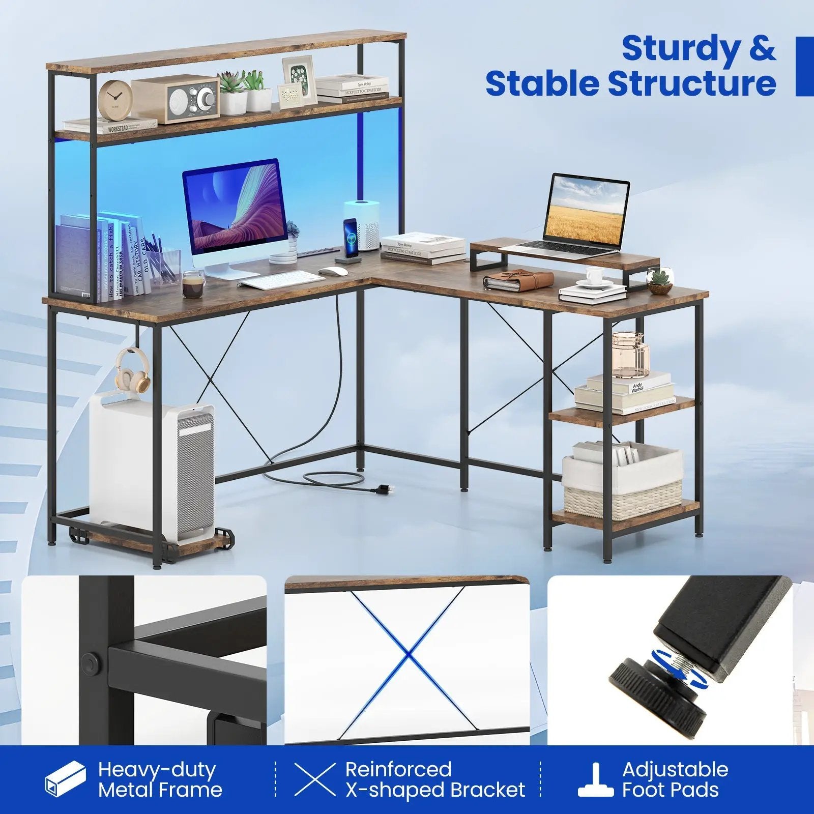 L-Shaped Reversible Gaming Desk with LED Strip and Power Outlets Hutch Monitor Stand by DirectDeals