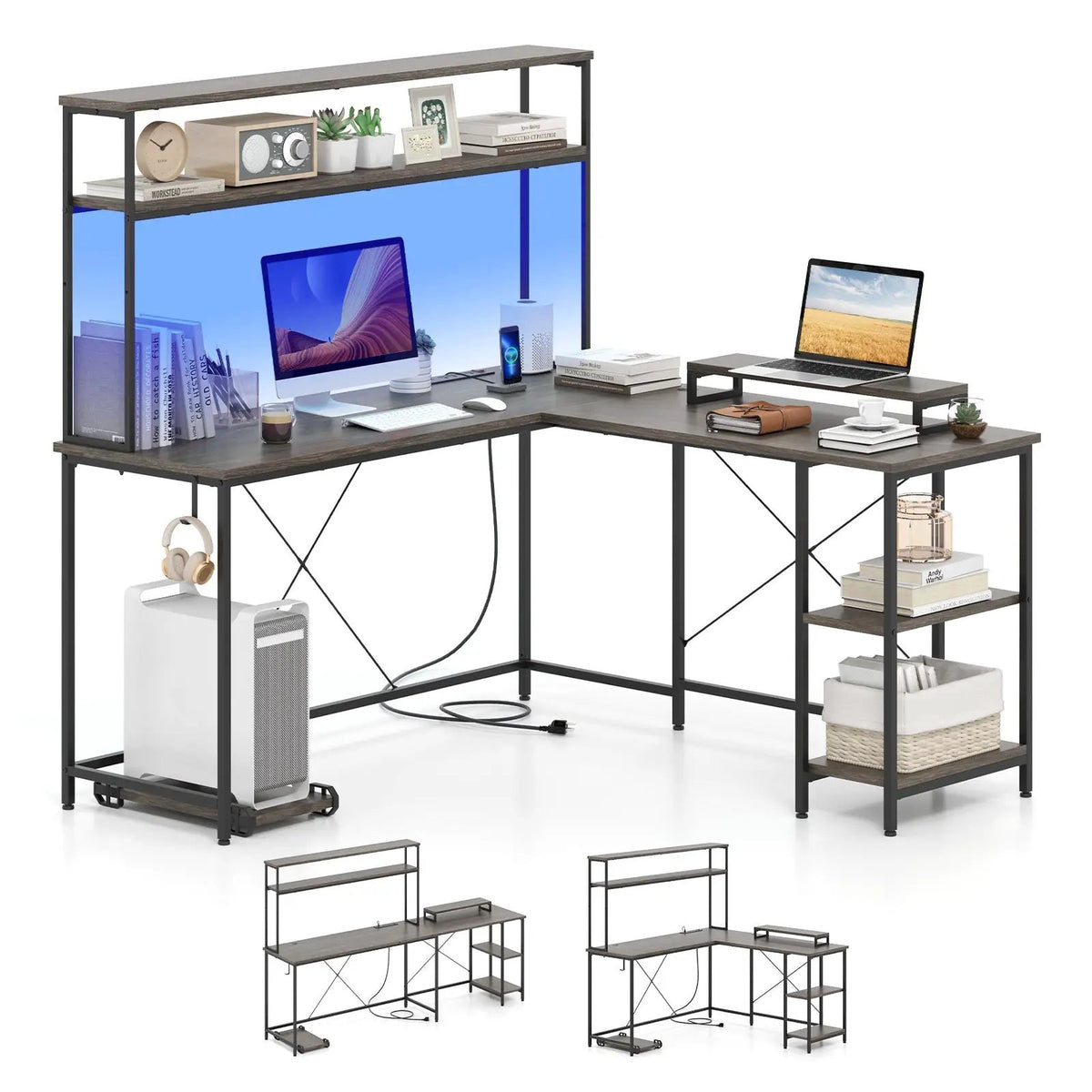 L-Shaped Reversible Gaming Desk with LED Strip and Power Outlets Hutch Monitor Stand by DirectDeals