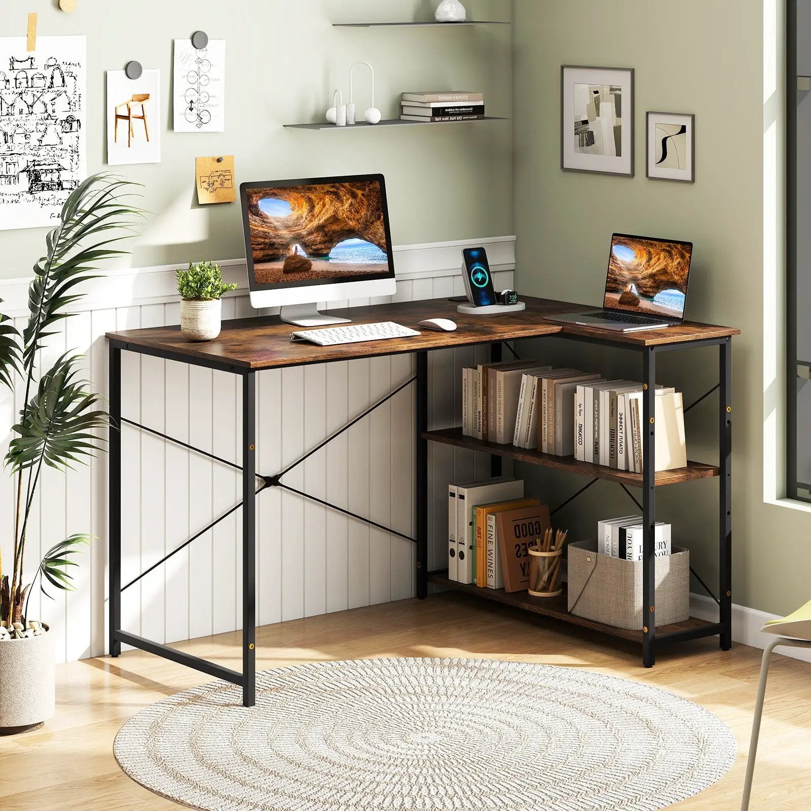 L-shaped 47 Inch Reversible Corner Desk with Adjustable Storage Shelves by DirectDeals