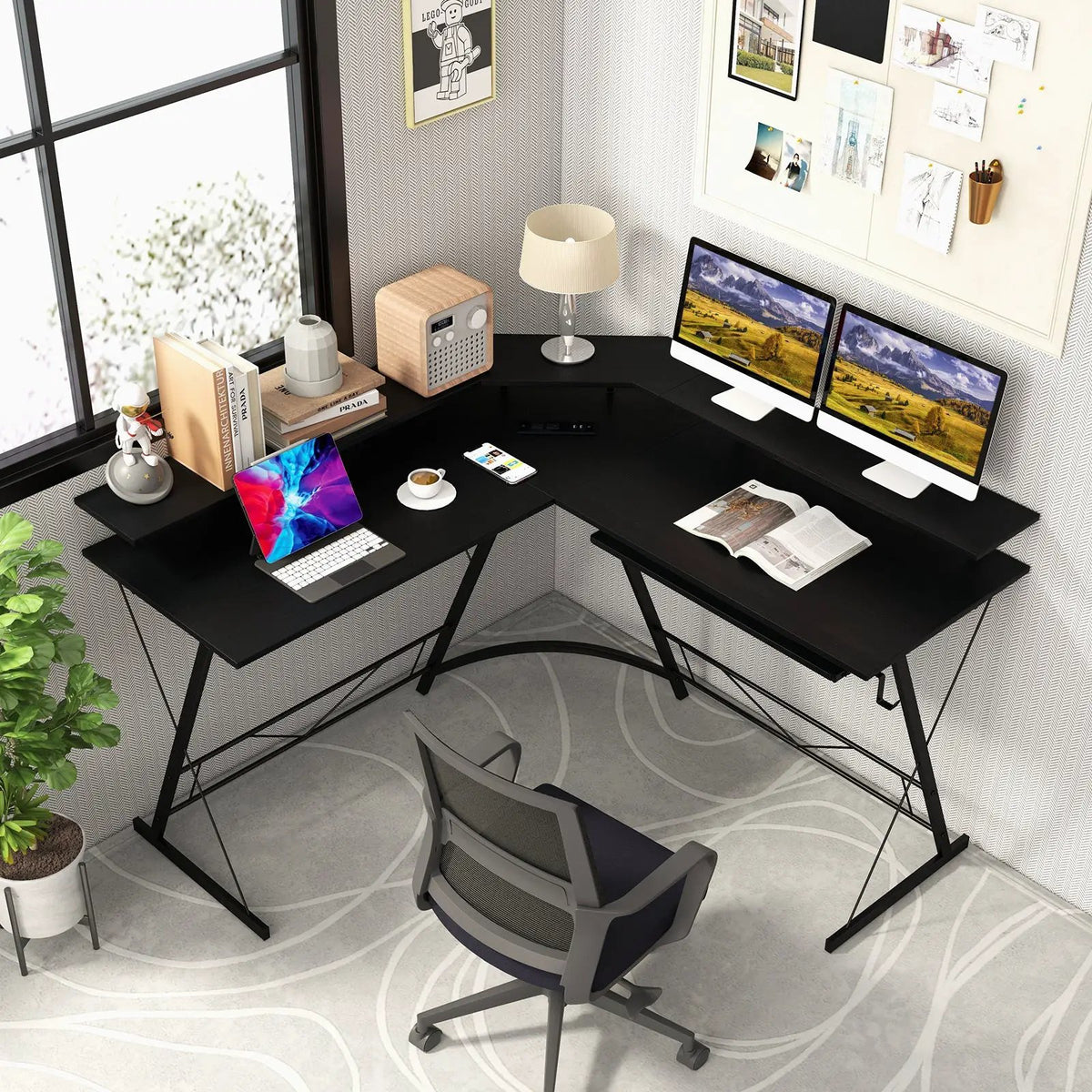 L-shaped Computer Desk with Power Outlet and Monitor Stand by DirectDeals