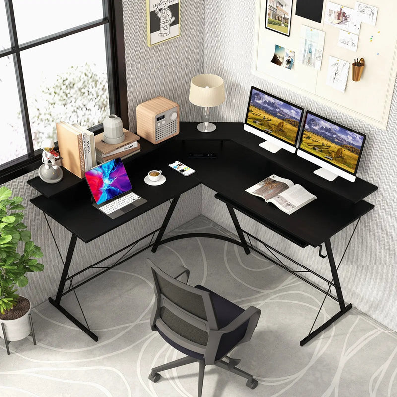 L-shaped Computer Desk with Power Outlet and Monitor Stand by DirectDeals