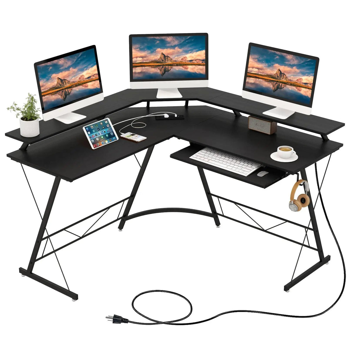 L-shaped Computer Desk with Power Outlet and Monitor Stand by DirectDeals