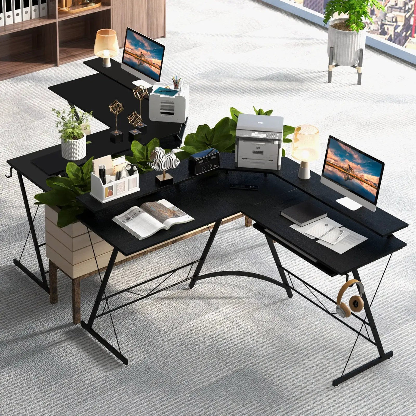 L-shaped Computer Desk with Power Outlet and Monitor Stand by DirectDeals