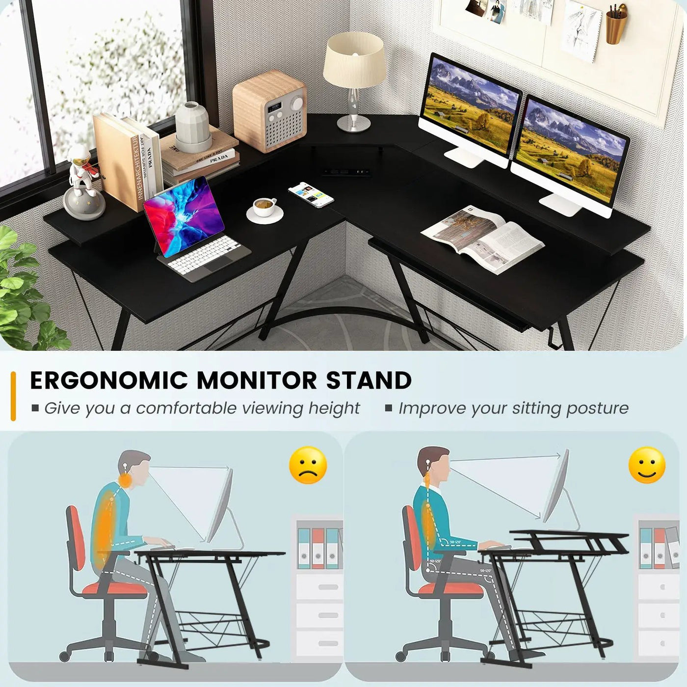 L-shaped Computer Desk with Power Outlet and Monitor Stand by DirectDeals