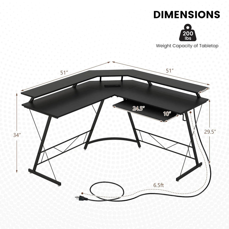 L-shaped Computer Desk with Power Outlet and Monitor Stand by DirectDeals