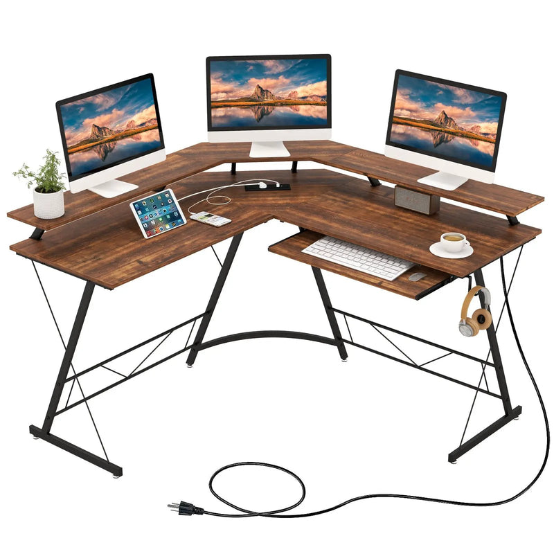 L-shaped Computer Desk with Power Outlet and Monitor Stand by DirectDeals