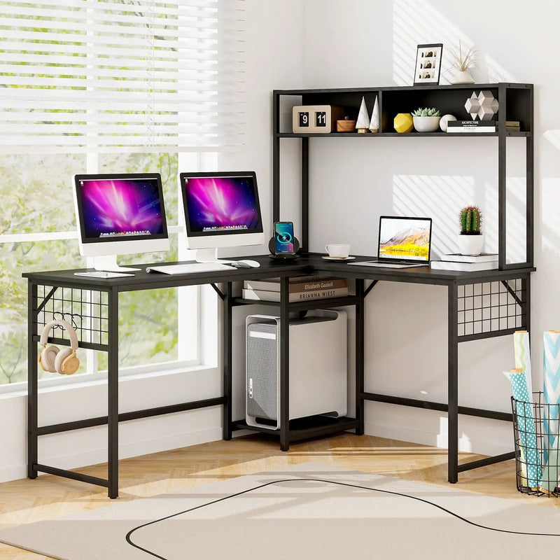 L-shaped Desk with Power Outlet Hutch by DirectDeals