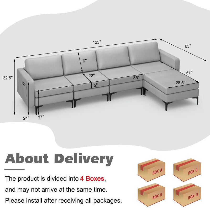 Modular L-shaped Sectional Sofa with Reversible Ottoman and 2 USB Ports by DirectDeals