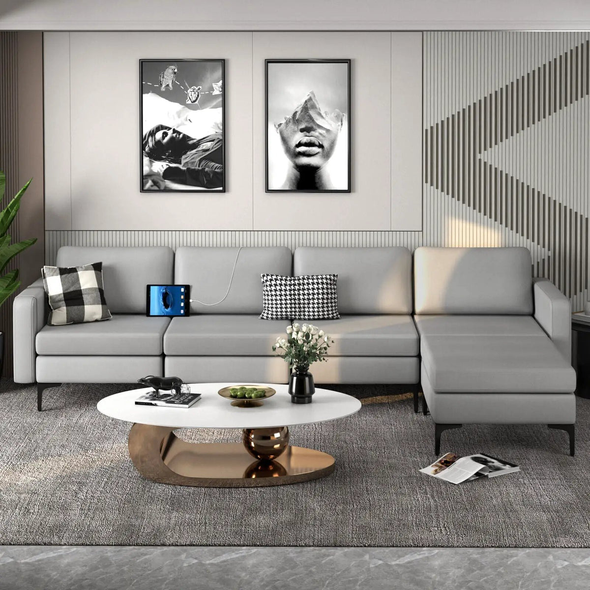 Modular L-shaped Sectional Sofa with Reversible Ottoman and 2 USB Ports by DirectDeals