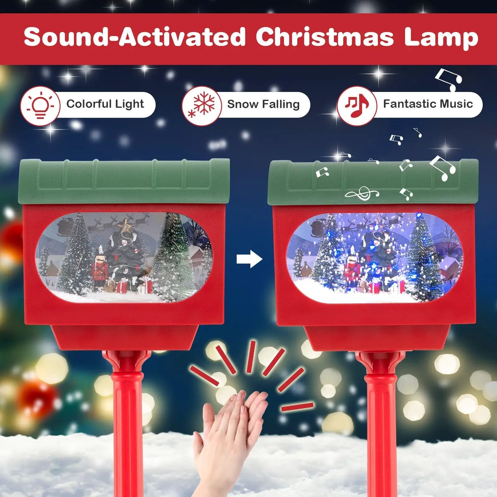 59 Inch Christmas Street Lamp with Sound-Activated Snow Globe Lantern-Red by DirectDeals