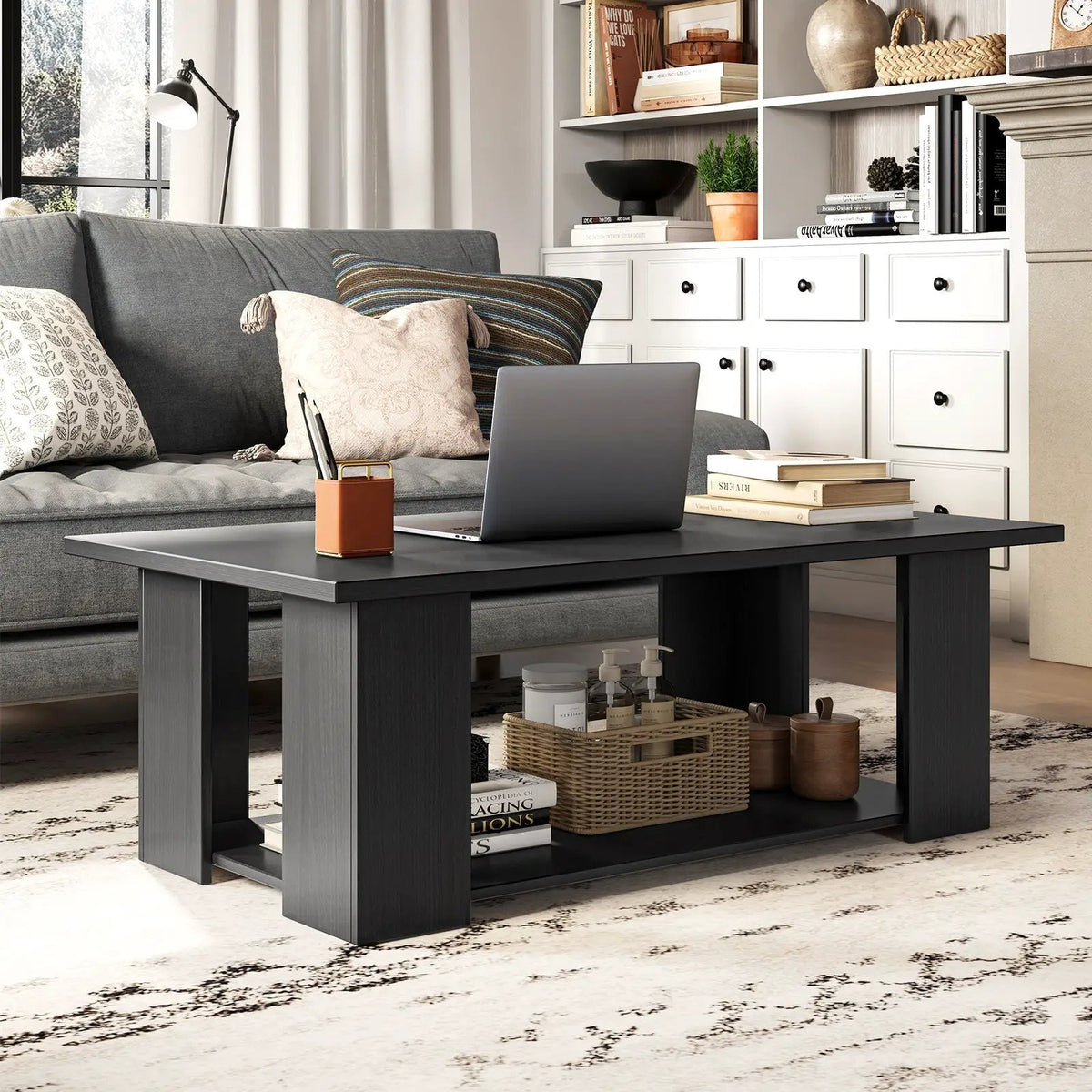 Large 36/41 Inch 2-tier Wooden Modern Coffee Table with Storage Shelf-Black by DirectDeals