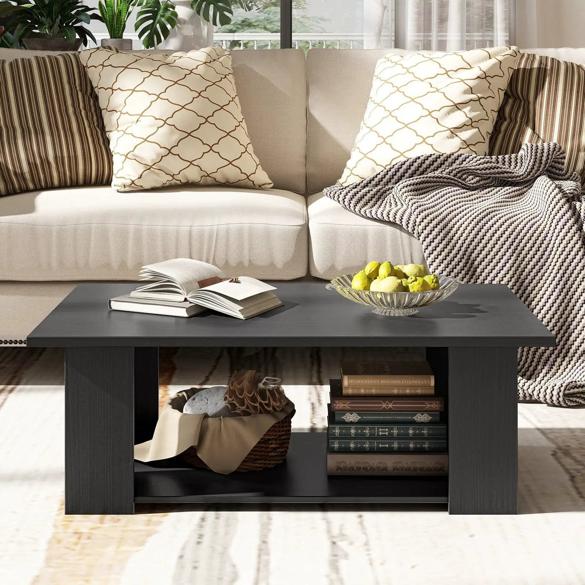 Large 36/41 Inch 2-tier Wooden Modern Coffee Table with Storage Shelf-Black by DirectDeals