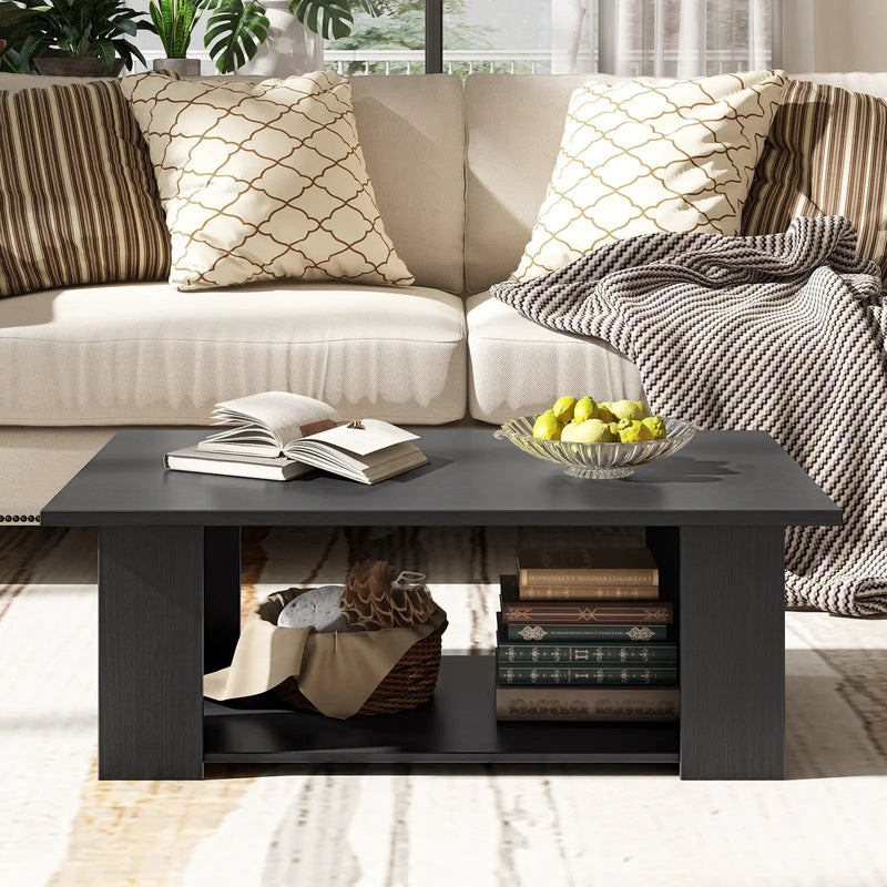 Large 36/41 Inch 2-tier Wooden Modern Coffee Table with Storage Shelf-Black by DirectDeals