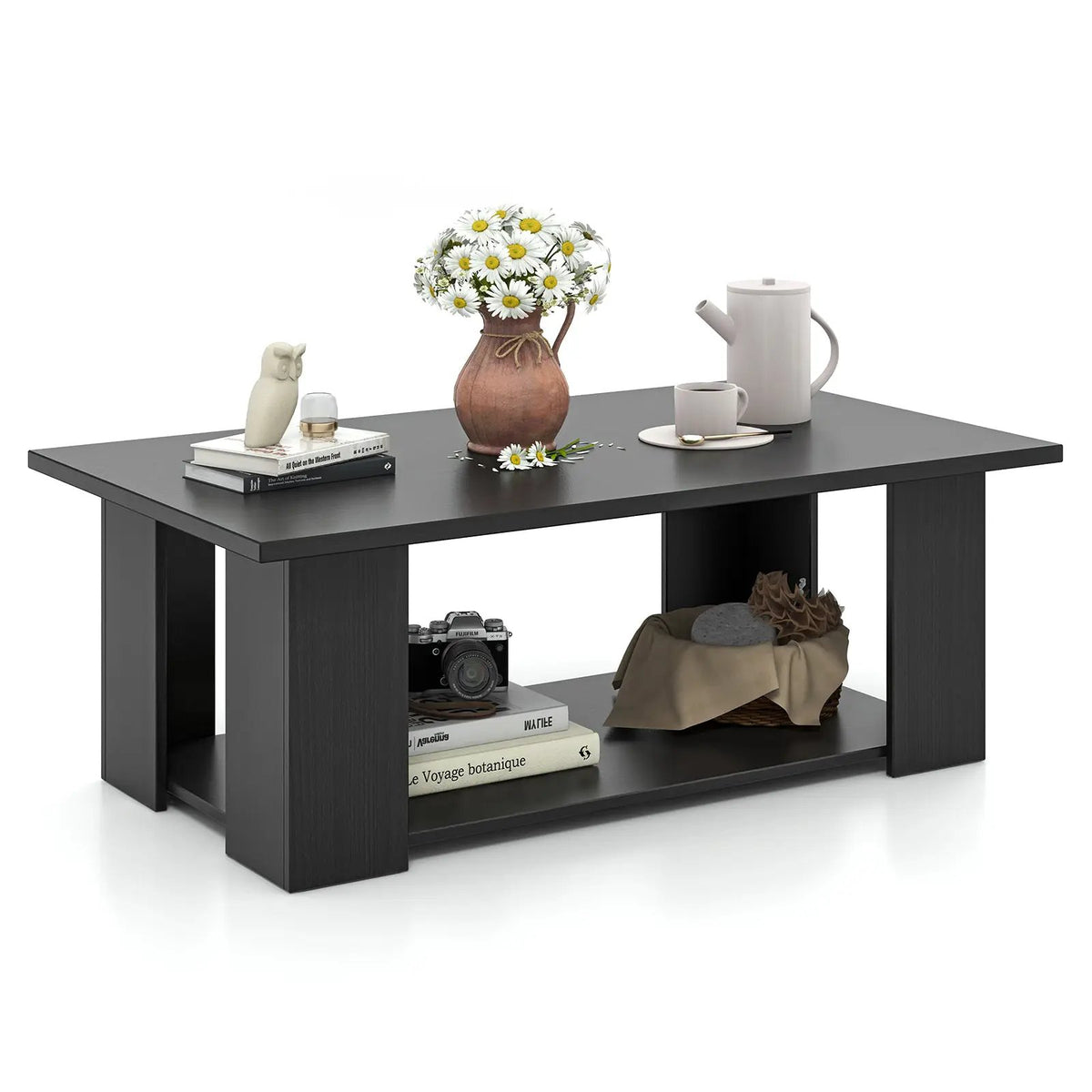 Large 36/41 Inch 2-tier Wooden Modern Coffee Table with Storage Shelf-Black by DirectDeals