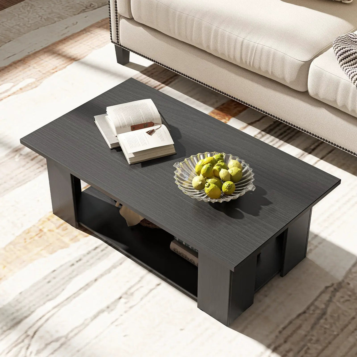 Large 36/41 Inch 2-tier Wooden Modern Coffee Table with Storage Shelf-Black by DirectDeals