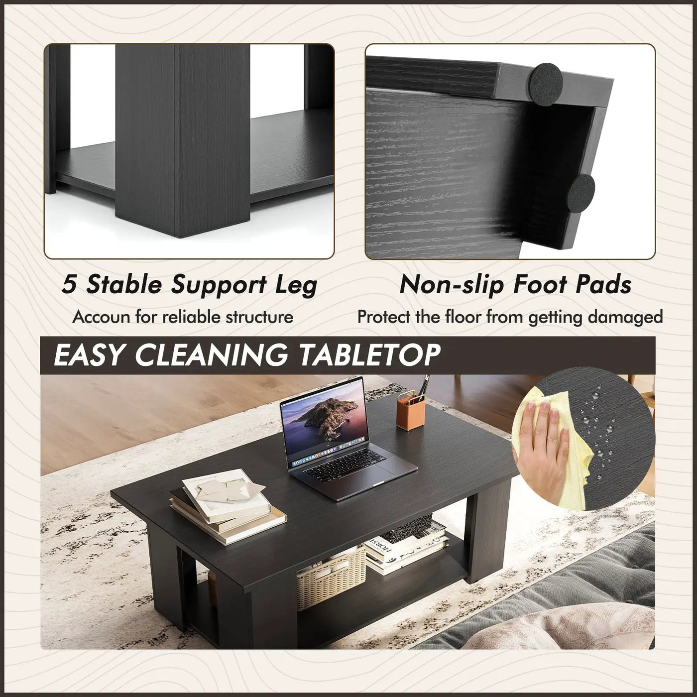 Large 36/41 Inch 2-tier Wooden Modern Coffee Table with Storage Shelf-Black by DirectDeals