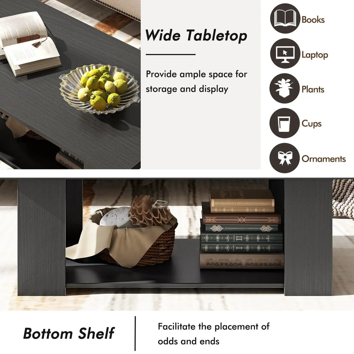 Large 36/41 Inch 2-tier Wooden Modern Coffee Table with Storage Shelf-Black by DirectDeals