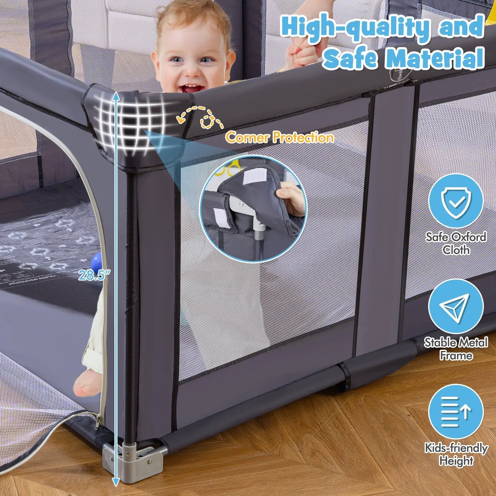 Large Baby Playpen BPA-Free Foldable Toddlers Safety Fence Play Yard-Dark Grey by DirectDeals