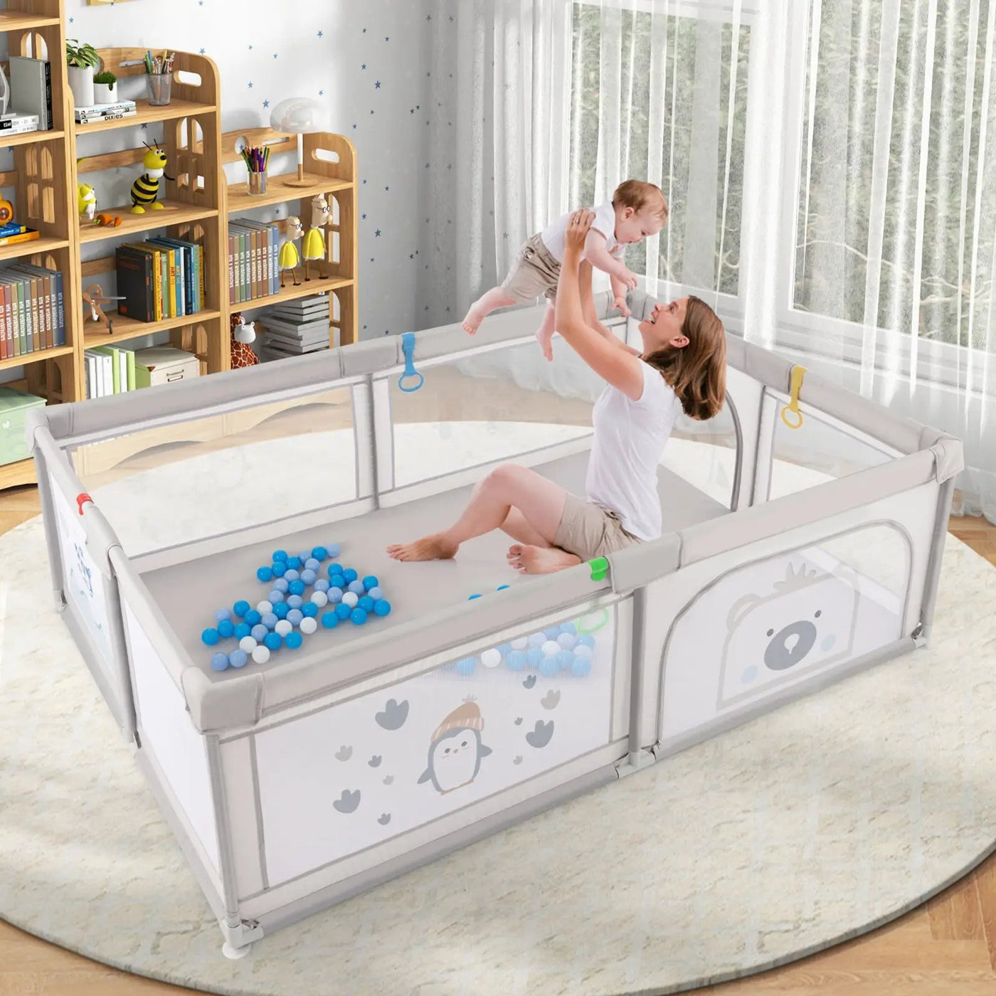 Large Baby Playpen with Pull Rings Ocean Balls and Cute Pattern by DirectDeals