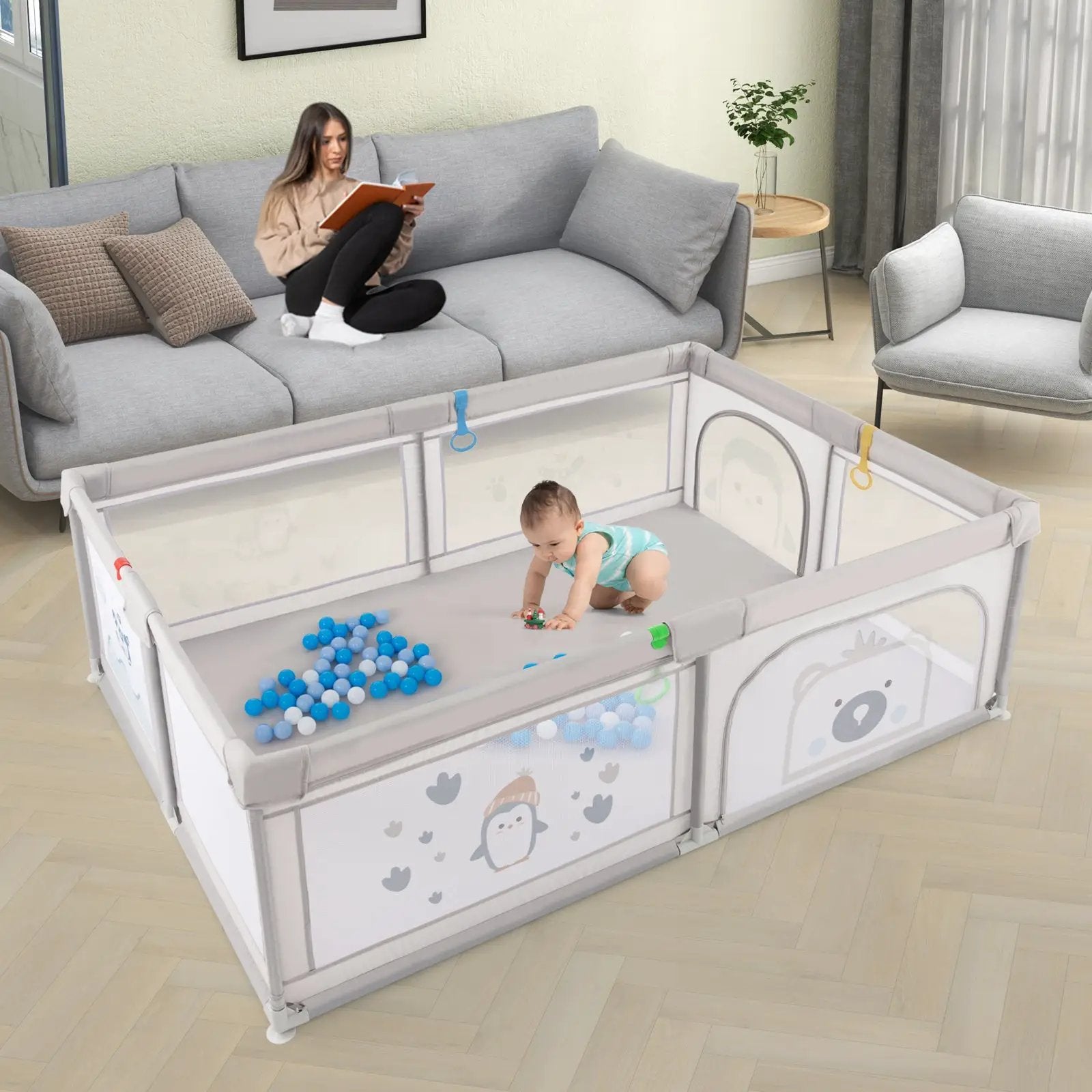 Large Baby Playpen with Pull Rings Ocean Balls and Cute Pattern by DirectDeals