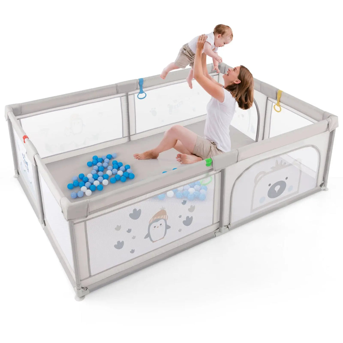 Large Baby Playpen with Pull Rings Ocean Balls and Cute Pattern by DirectDeals