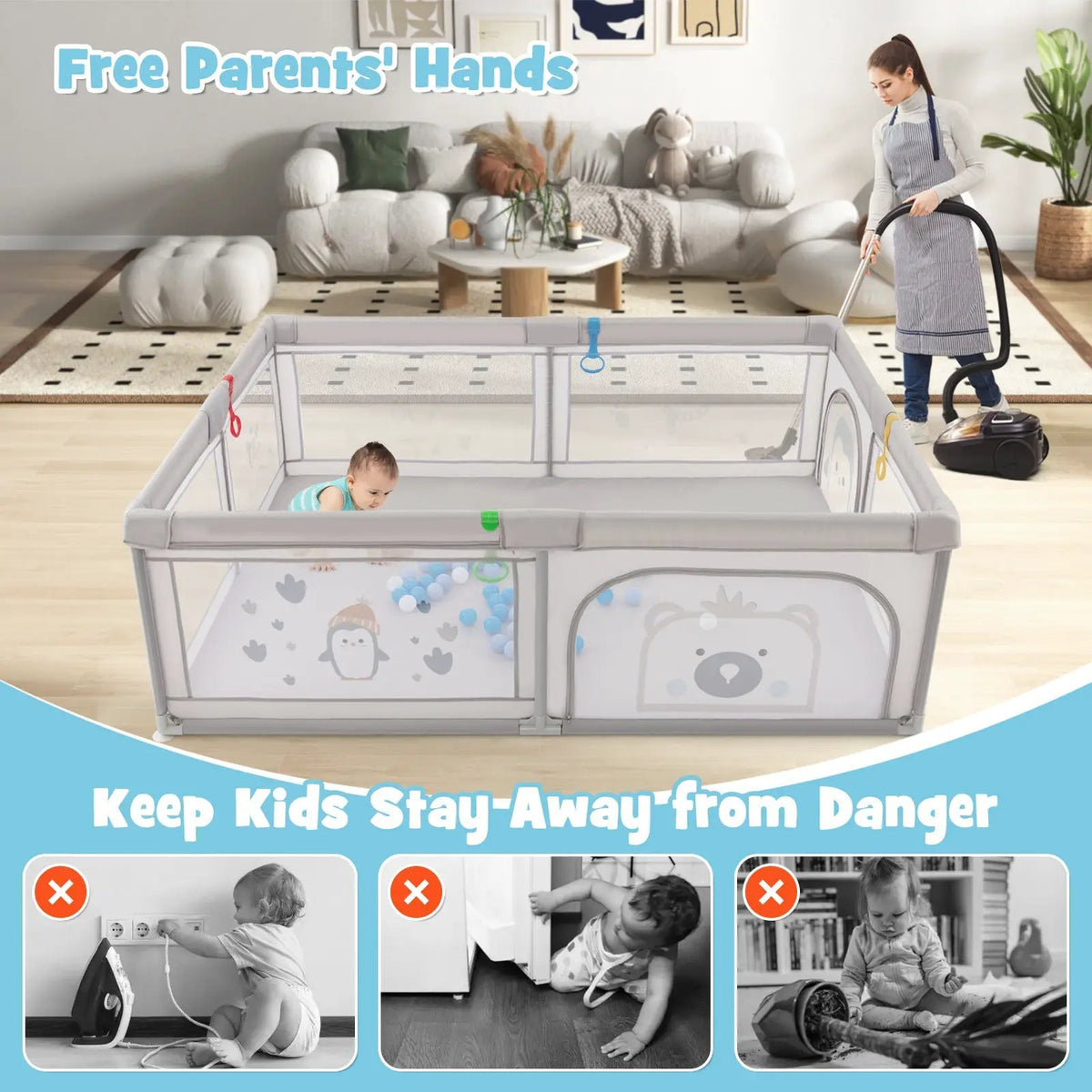 Large Baby Playpen with Pull Rings Ocean Balls and Cute Pattern by DirectDeals