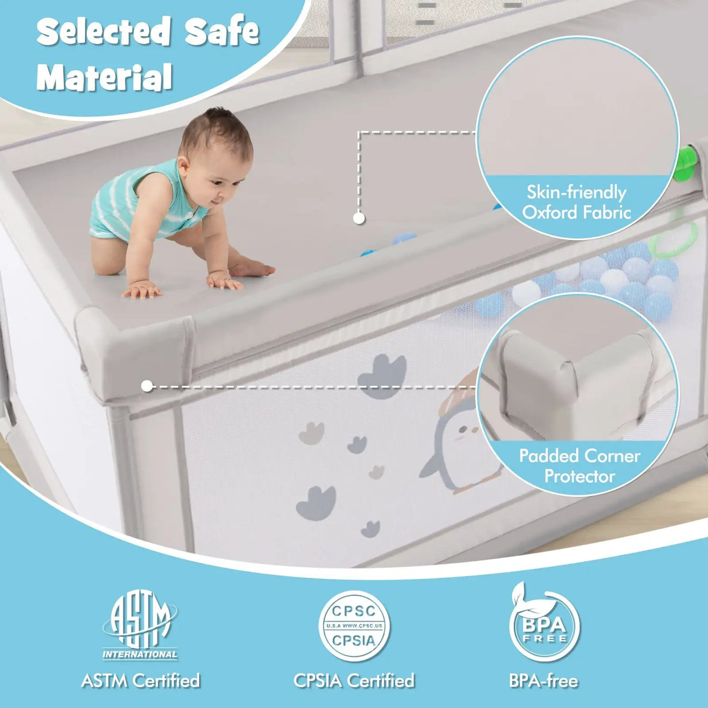 Large Baby Playpen with Pull Rings Ocean Balls and Cute Pattern by DirectDeals