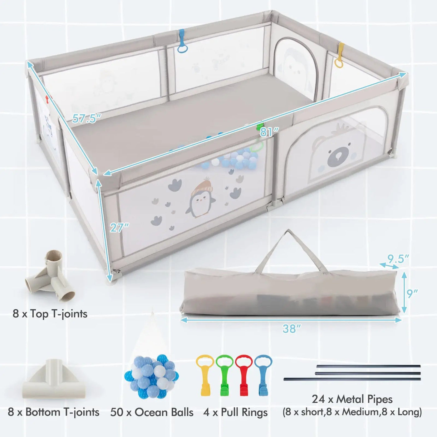 Large Baby Playpen with Pull Rings Ocean Balls and Cute Pattern by DirectDeals