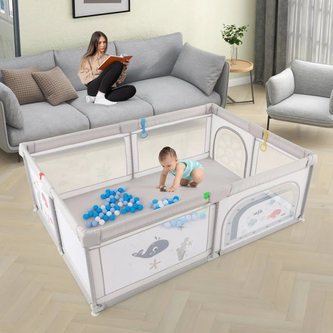 Large Baby Playpen with Pull Rings Ocean Balls and Cute Pattern by DirectDeals