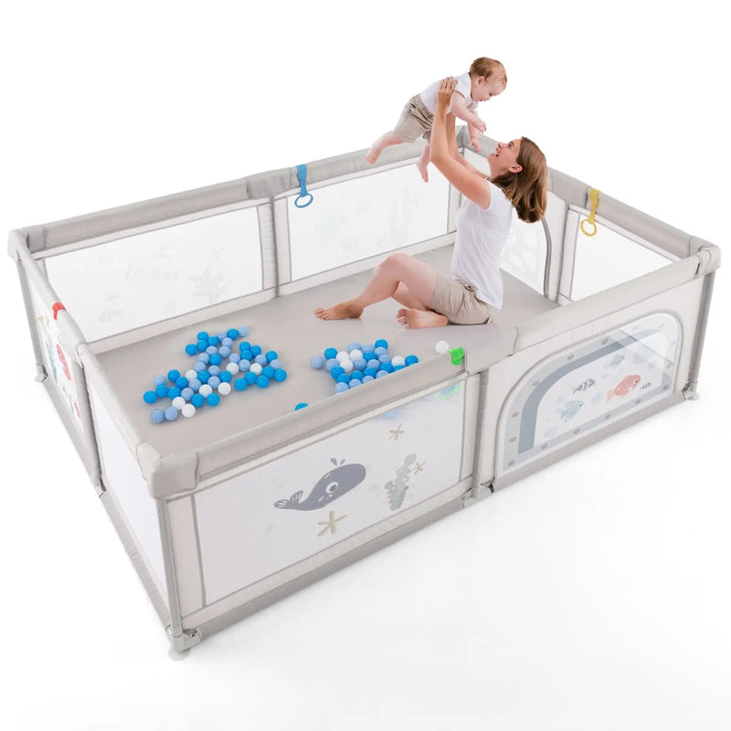Large Baby Playpen with Pull Rings Ocean Balls and Cute Pattern by DirectDeals