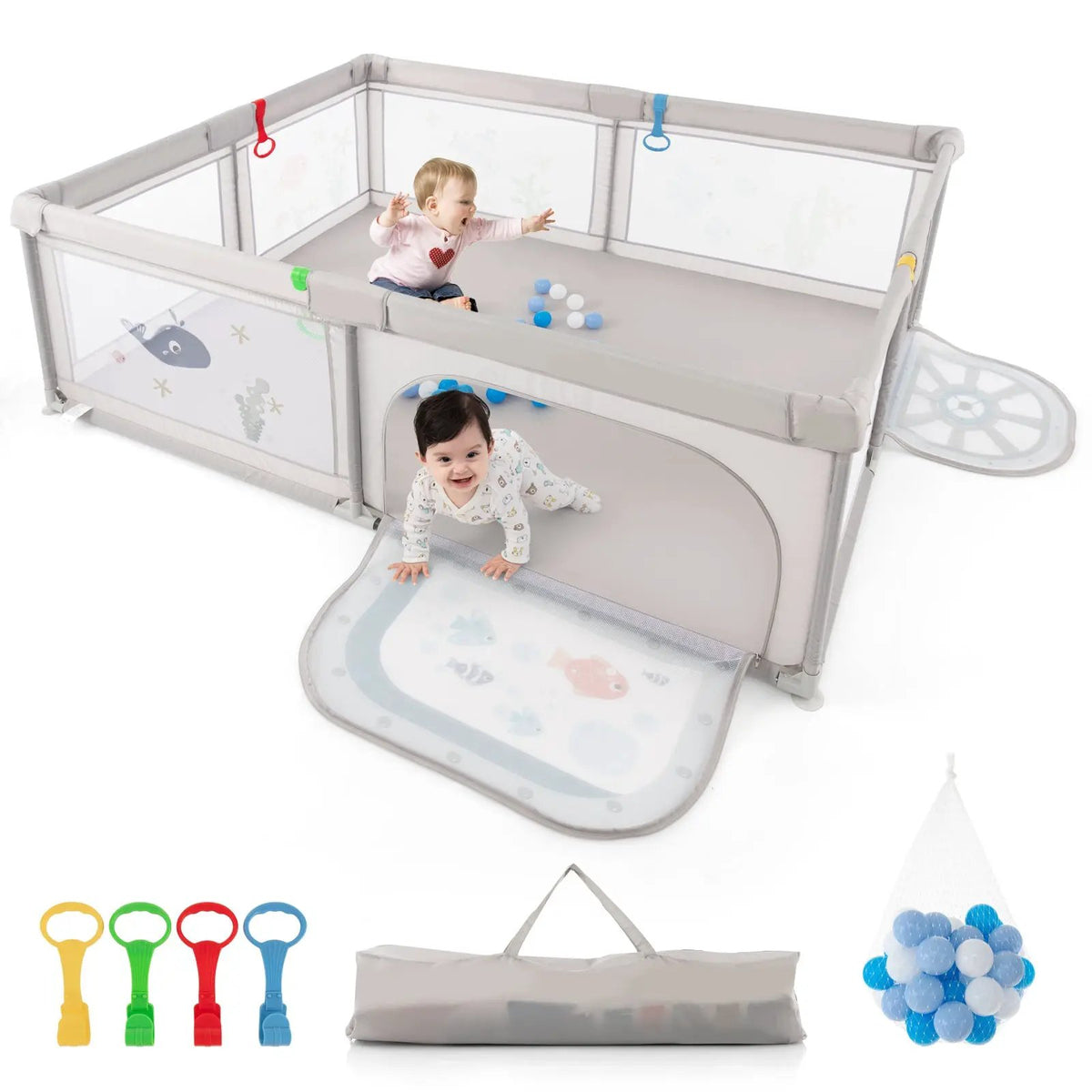 Large Baby Playpen with Pull Rings Ocean Balls and Cute Pattern by DirectDeals