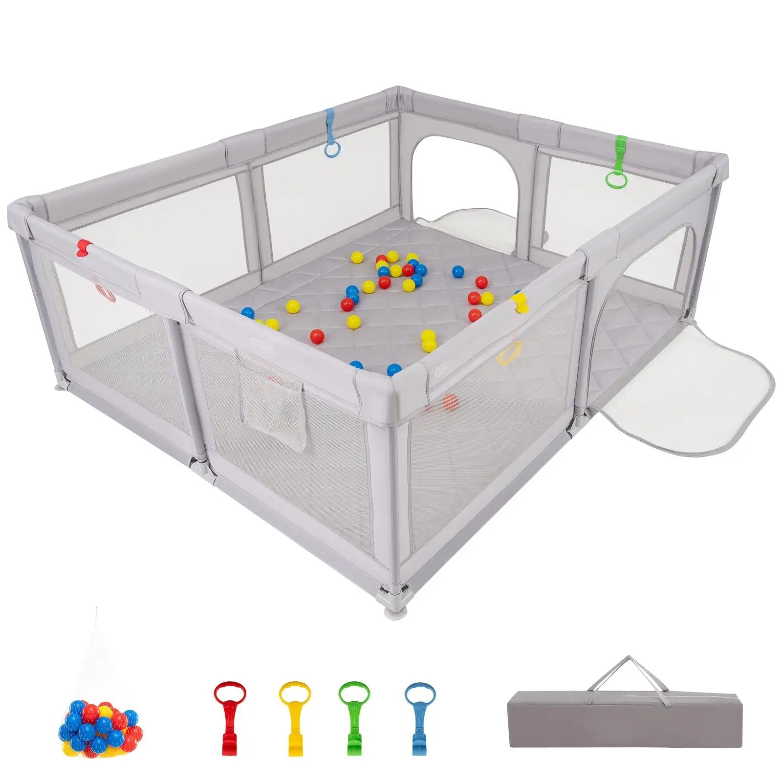 Large Baby Playpen with Pull Rings and Ocean Balls-Gray by DirectDeals