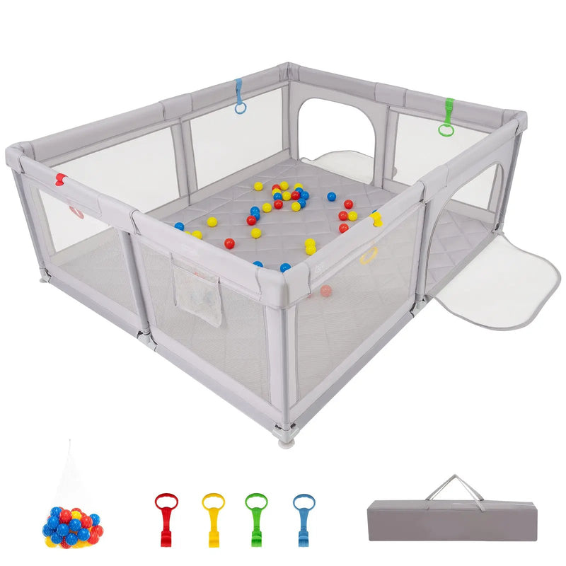 Large Baby Playpen with Pull Rings and Ocean Balls-Gray by DirectDeals