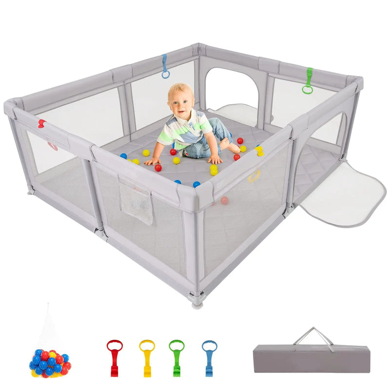 Large Baby Playpen with Pull Rings and Ocean Balls-Gray by DirectDeals
