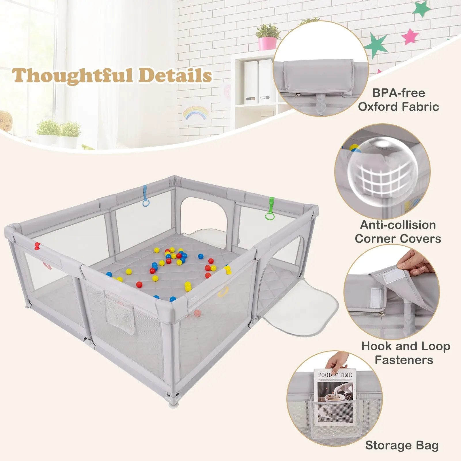 Large Baby Playpen with Pull Rings and Ocean Balls-Gray by DirectDeals