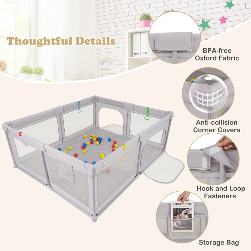 Large Baby Playpen with Pull Rings and Ocean Balls-Gray by DirectDeals