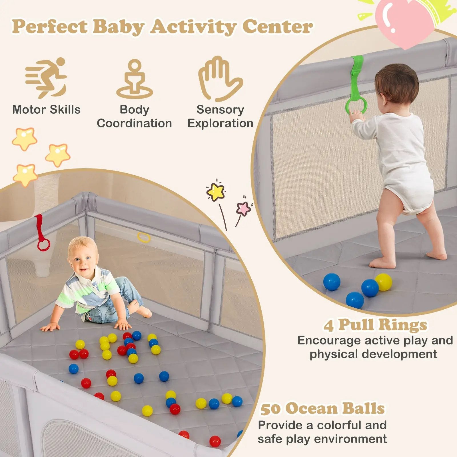 Large Baby Playpen with Pull Rings and Ocean Balls-Gray by DirectDeals