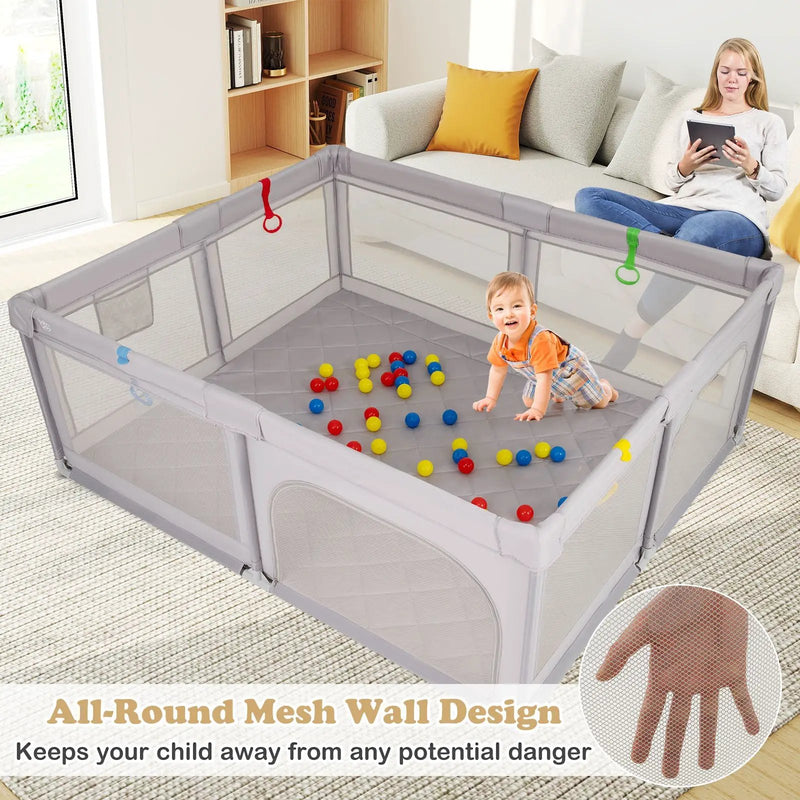 Large Baby Playpen with Pull Rings and Ocean Balls-Gray by DirectDeals