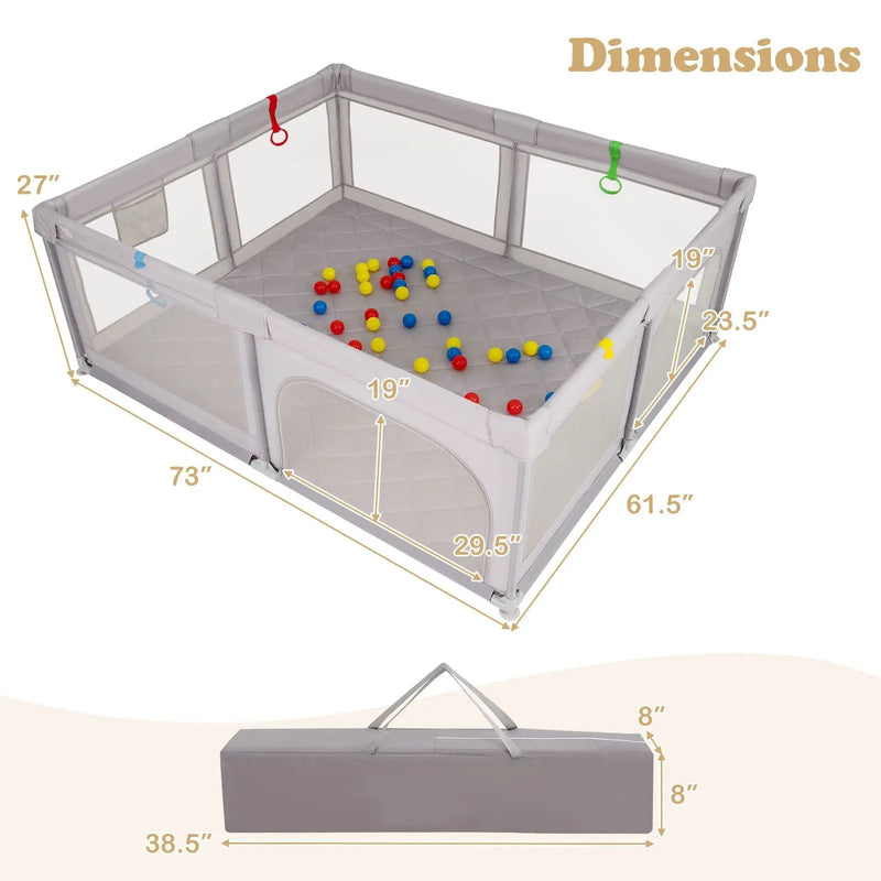 Large Baby Playpen with Pull Rings and Ocean Balls-Gray by DirectDeals