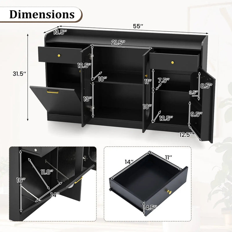 Large Buffet Cabinet Hidden Tilt Out Trash Can Cabinet with 2 Glass Doors by DirectDeals