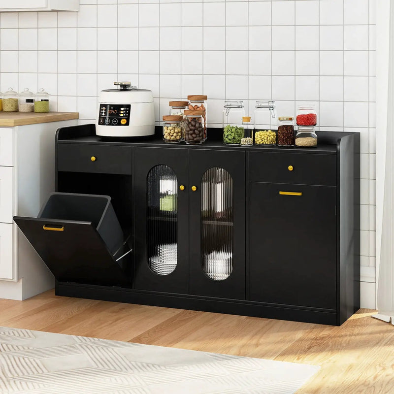 Large Buffet Cabinet Hidden Tilt Out Trash Can Cabinet with 2 Glass Doors by DirectDeals