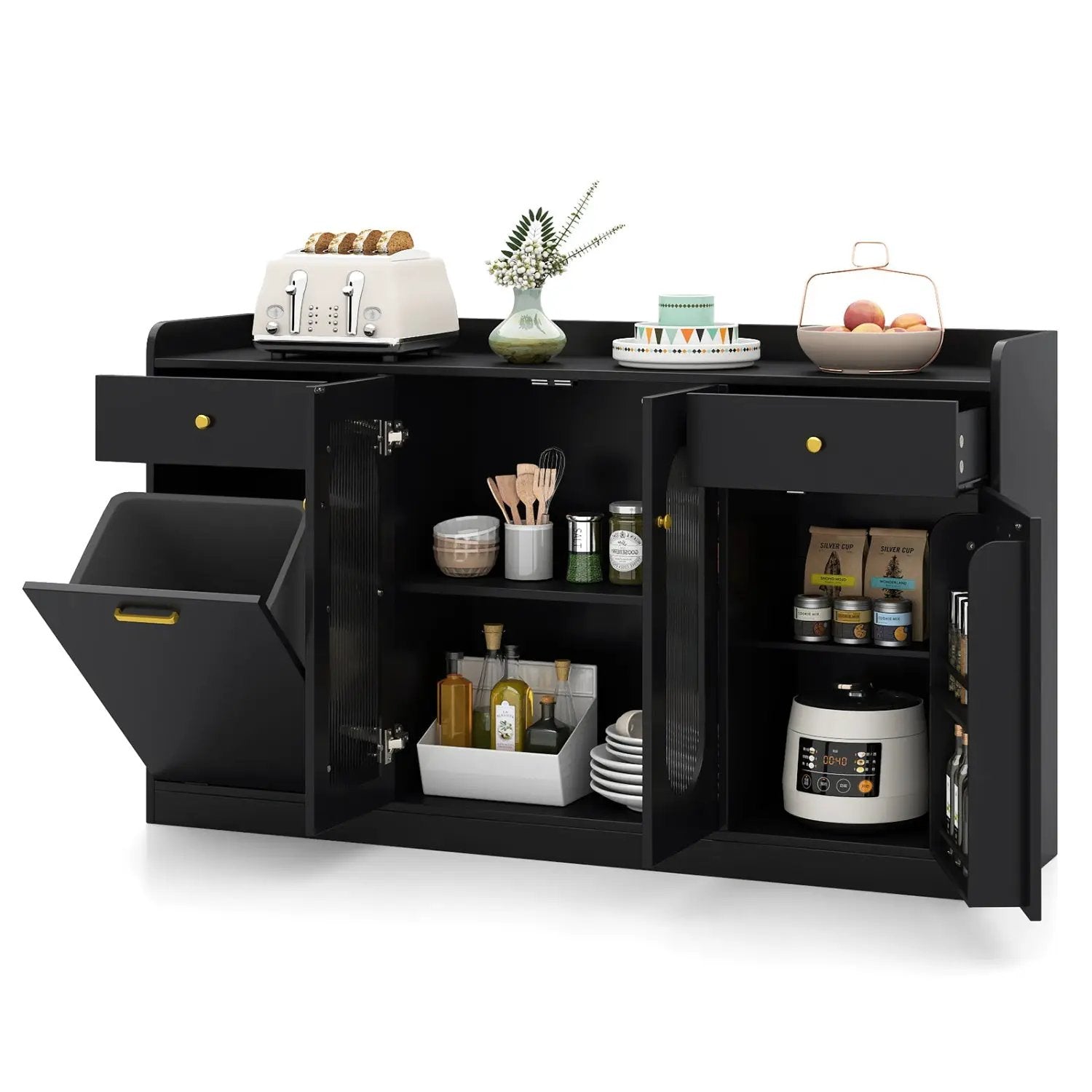 Large Buffet Cabinet Hidden Tilt Out Trash Can Cabinet with 2 Glass Doors by DirectDeals