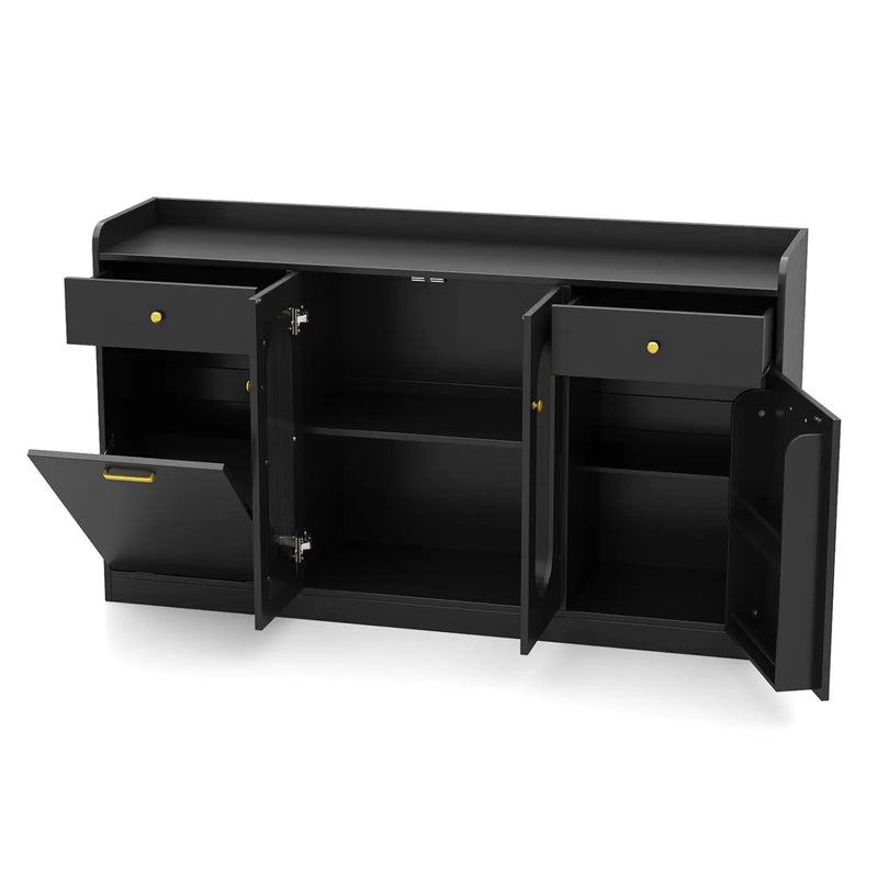 Large Buffet Cabinet Hidden Tilt Out Trash Can Cabinet with 2 Glass Doors by DirectDeals